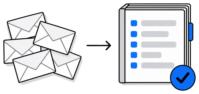 Ilustração: uma pilha de e-mails vira um único PDF encadernado, com índice